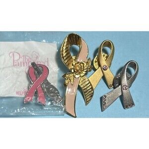 4 Pink Ribbon Pins  Pampered Chef Pink Ribbon & 3 Avon pink Ribbons Pins